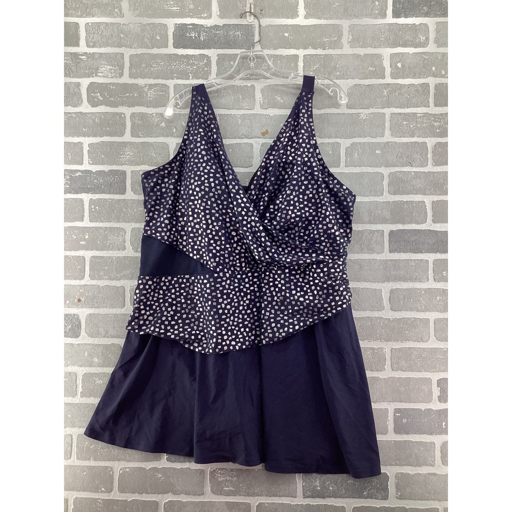 Swimsuits For All Women Navy Silver Foil Dot Tiered Swimdress Plus Size 26